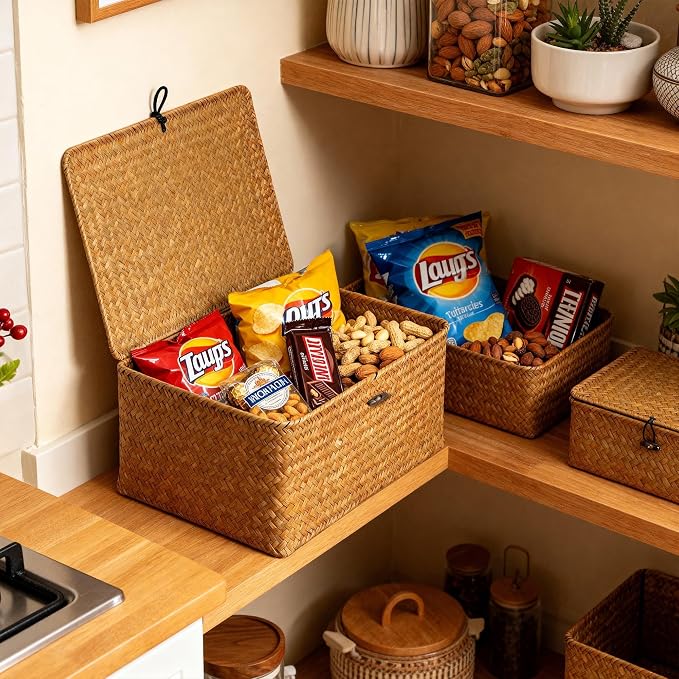 Nonam Seagrass Storage Large Basket with Lid,Wicker Basket Storage Bin with Lid for Shelves,Boho Decor,Handwoven Shelf Basket for Organizing-Storage Container Box for Home Organization-Natural - Image 7