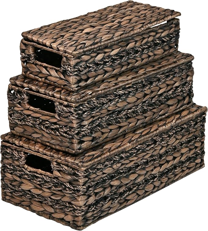 happimess Sandrine 3-Piece Hyacinth Storage Baskets with Lids, Brown | Handwoven Seagrass Wicker, Farmhouse Nesting Containers with Handles, Iron Metal Frame, Decorative Organizer Bins by Happimess