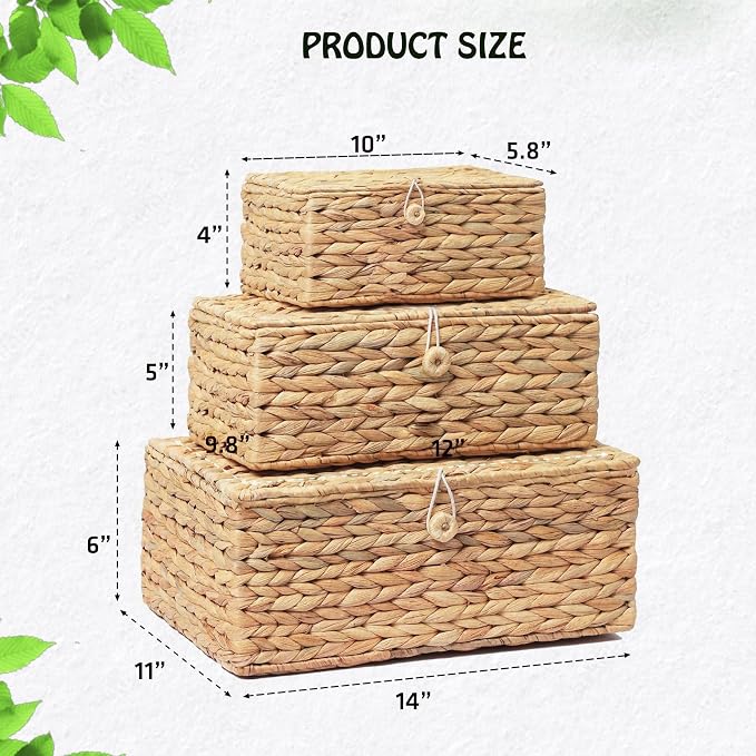LUSYDECO Set of 3 Wicker Storage Baskets with Lid, Large Rectangular Rattan Basket Decorative Boxes, Natural Water Hyacinth Wicker Basket for Shelf Organizer, Nursery Room - Image 4