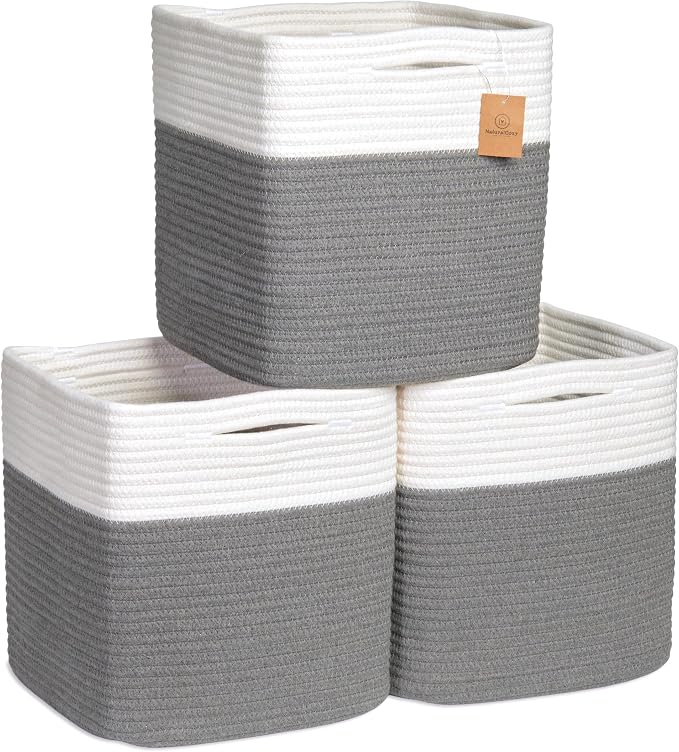 NaturalCozy Storage Cubes 11 Inch Cotton Rope Woven Baskets for Organizing, 3-Pack | Cube Storage Bin | Square Storage Baskets for Shelves Organizer, Classroom, Kids Toy Bins, Closet, Baby Nursery by NaturalCozy