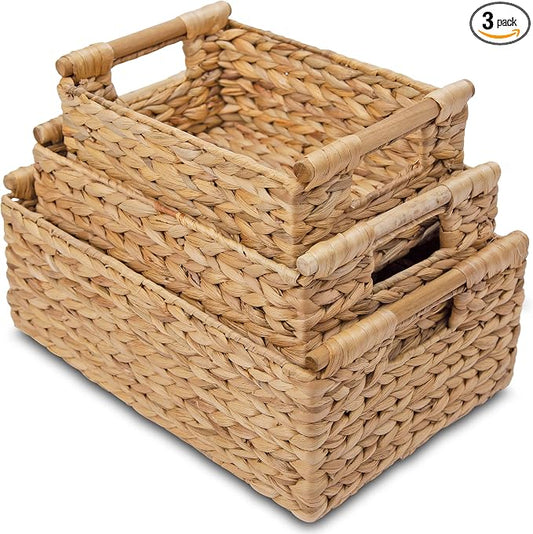 VATIMA Hyacinth Wicker Basket Set 3 size - Rectangular, Wooden Handles, Shelf Organizer, Natural Bins by VATIMA
