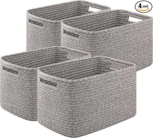 OIASKET 4Packs Natural Cotton Rope Storage Baskets for Organizing Toys, Clothes, Towels & Books, Soft Versatile Organizers for Shelves, Home Decorative Bins, 13''Lx9''Wx7.8''H, Grey by OIASKET