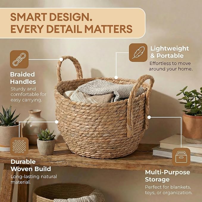 Decorative Wicker Basket for Blankets, Round Woven Storage Bin 13" x 9.25" with Braided Handles for Living Room, Bedroom & Bathroom - Throw Blanket Basket for Towels, Toys, Pillows - Vintiquewise - Image 3