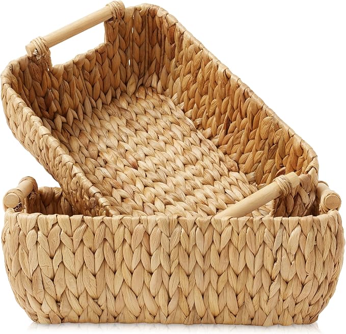 Casafield Set of 2 Water Hyacinth Oval Storage Baskets with Wooden Handles - Medium, Woven Bin Organizers - Image 7