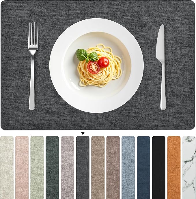 FROMHEART Faux Leather PU Placemats Set of 12 (Dark Grey,11.8" x 17") | Waterproof,Heat/Oil Stain-Resistant Table Mat–Reversible,Non-Slip,Easy to Clean Place Mats for Kitchen,Dining,Indoor/Outdoor by Unknown
