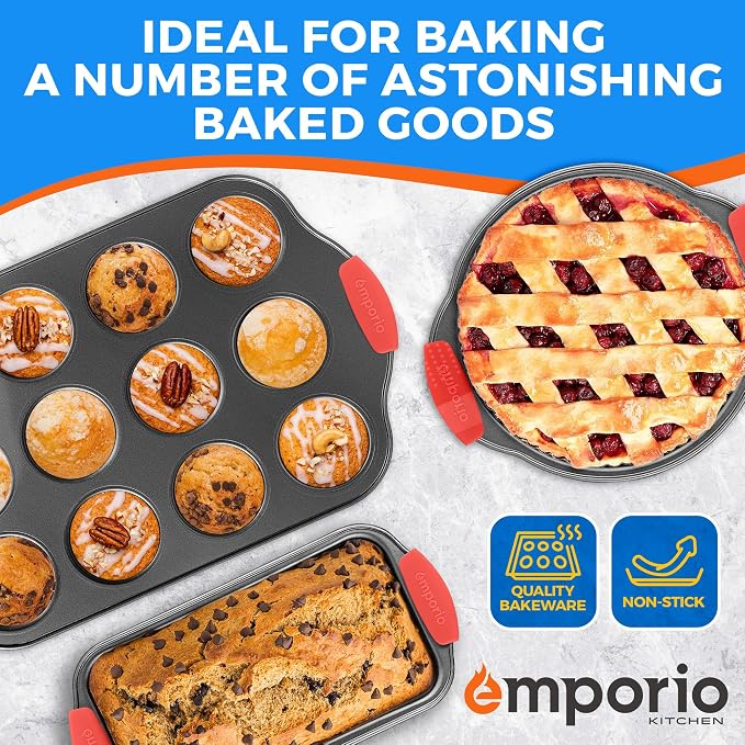 Emporio Kitchen Baking Pan Set - Nonstick Coating, Carbon Steel Bakeware Set with Red Silicone Handles, PFOA, PFOS, PTFE Free, Recipe Booklet Included, Oven Safe Tray (Up To 450° F), Set of 25 - Black - Image 7