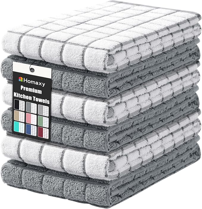 Homaxy Large Premium Cotton Kitchen Towels 16"x 28", 6 Pack, Grey | Natural Ring Spun 390 GSM Dish Towels, Super Absorbent Terry Kitchen Hand Towels, Soft Tea Towels with Hanging Loop by Homaxy