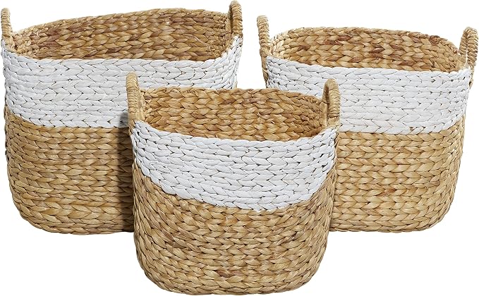 Deco 79 Seagrass Handmade Two Toned Storage Basket with Handles, Set of 3 19", 17", 15"W, Brown by Deco79