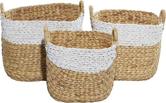 Deco 79 Seagrass Handmade Two Toned Storage Basket with Handles, Set of 3 19", 17", 15"W, Brown by Deco79