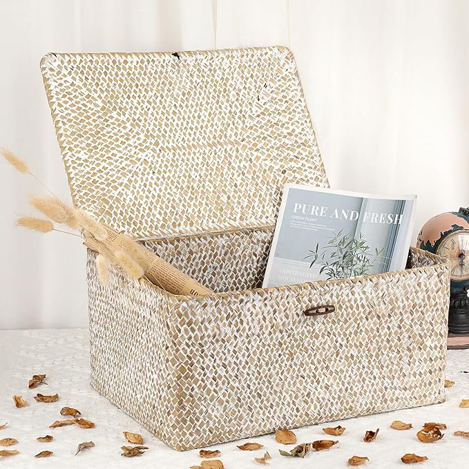 Hipiwe Wicker Woven Baskets Bin with Lid Seagrass Storage Basket, X-Large | Natural Decorative Baskets Rectangular Household Basket for Shelf Wardrobe Home Decor, Whitewash - Image 6