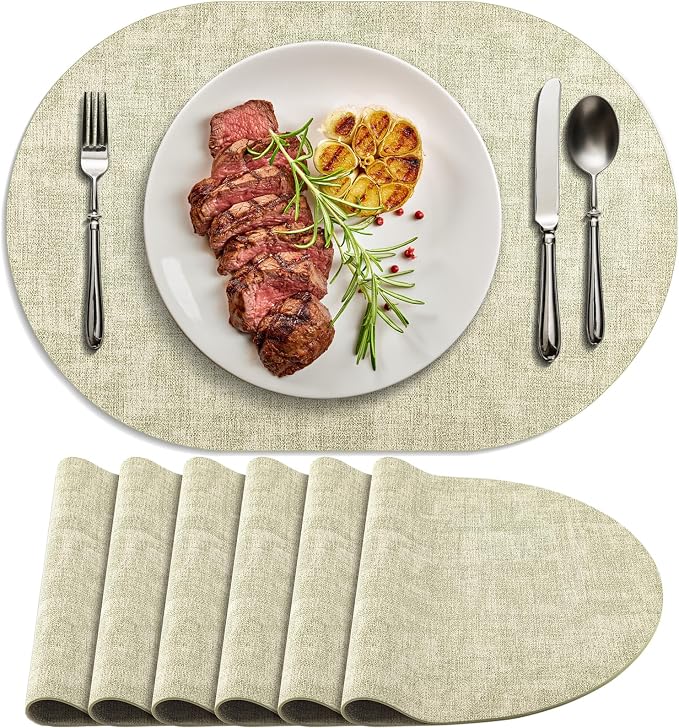 Placemats Set of 6-17" x 11.8" Waterproof & Heat Resistant Oval Place Mats, Wipeable Washable Double Layer Faux Leather Table Mats, Sage Green by Delicateandelegantplacemats