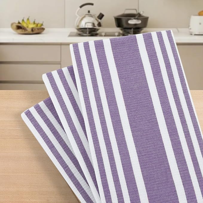 Homaxy Premium Cotton Stripe Kitchen Towels 3 Pack, 18"x 28", Purple | Large 380 GSM Kitchen Hand Towels, Soft Terry Dish Towels, Highly Absorbent Tea Towel Set with Hanging Loop - Image 7