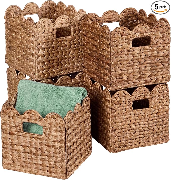 Best Choice Products 12 x 12in Scalloped Hyacinth Baskets, Rustic Set Of 5 Multipurpose Collapsible Storage Organizer, Handwoven Laundry Totes for Bedroom, Living Room, Shelves – Chestnut by Unknown