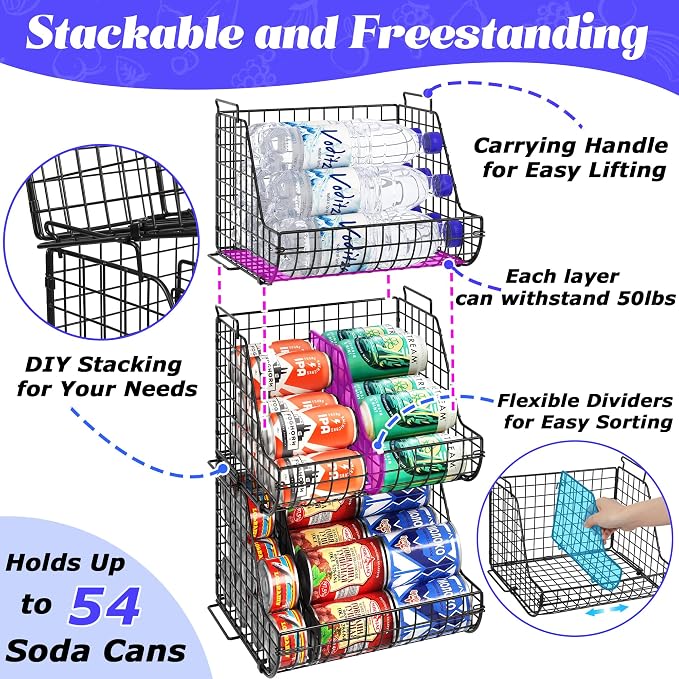 Stacking Can Dispensers 3 Tier with 3 Divider, Large Pantry Can Organizer, Beverage Drink Pop Soda Can Storage Basket, Can Holders for Pantry, Canned Food Rack Wire Bins for Kitchen Cabinet (3-Pack) - Image 3