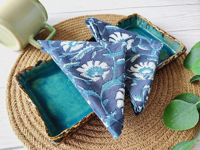 AVKA Studio Cotton Print Dinner Napkins 18x18 inches - Washable Cloth Napkins Set of 12 - Everyday Use or Dinner Party and Events - Indigo Blue Block Printed Soft Fabric - Image 2
