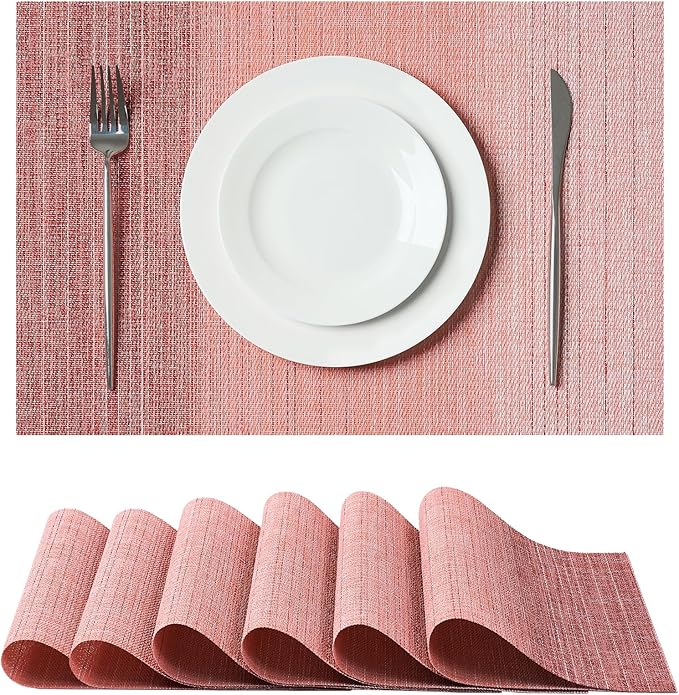 Leetaltree Gradient Pink Woven Placemats Set of 6 - Heat Resistant Non-Slip Place mats for Dining Table, Washable Durable PVC Vinyl Woven Table Mats(Gradient Pink, 6) by Leetaltree-ArtatEveryTable