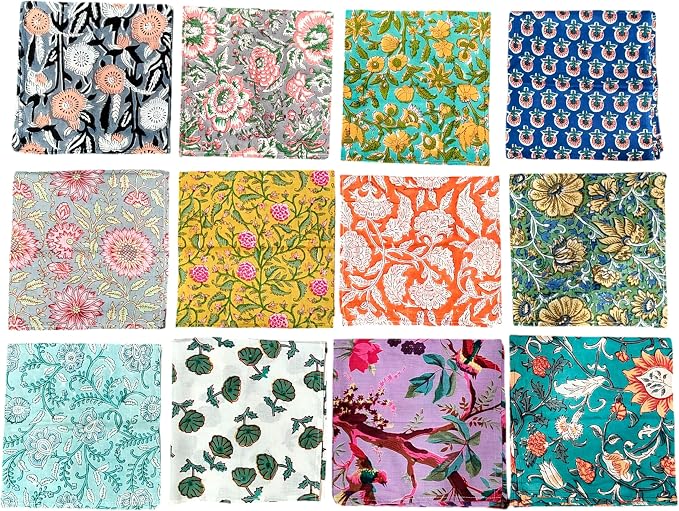 Mango Gifts 24-Piece Hand Block Print Cotton Cloth Napkins, 16 x 16 Inch, 100% Cotton Reusable Dinner Napkins, Assorted Floral Prints, Washable Table Napkins for Kitchen, Dining & Parties - Image 5