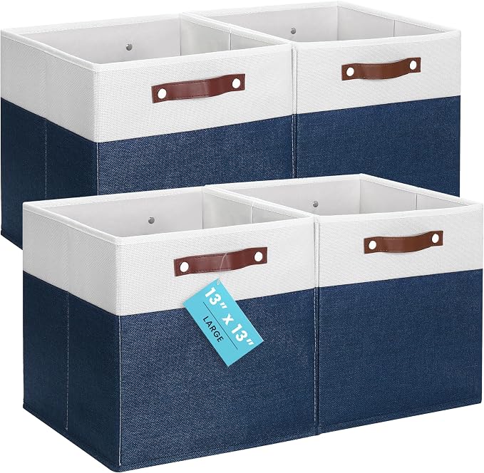 OrganiHaus 13x13 Cube Storage Bins, Set of 4 - Fabric Storage Cubes | Sturdy, holds its shape; odor-free; fits IKEA Kallax and Expedit; vegan leather handles by OrganiHaus