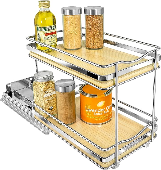 LYNK PROFESSIONAL® Élite™ Pull Out Spice Organization for Cabinets - 6-3/8 inch Wide – Spice Rack for Inside Cabinets – Wood/Chrome - Sliding Spice Rack Organizer for cabinet – Spice Rack - 2 Tier by LYNKPROFESSIONAL