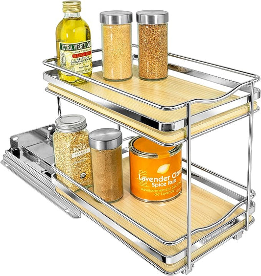 LYNK PROFESSIONAL® Élite™ Pull Out Spice Organization for Cabinets - 6-3/8 inch Wide – Spice Rack for Inside Cabinets – Wood/Chrome - Sliding Spice Rack Organizer for cabinet – Spice Rack - 2 Tier by LYNKPROFESSIONAL