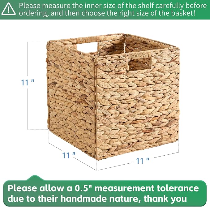 11x11x11 Wicker Storage Basket Set of 4, Water Hyacinth Woven Basket with Handles, Wicker Cube Storage Bins for Shelves, Foldable Square Storage Cubes for Living Room Bedroom Organizing, Natural - Image 2