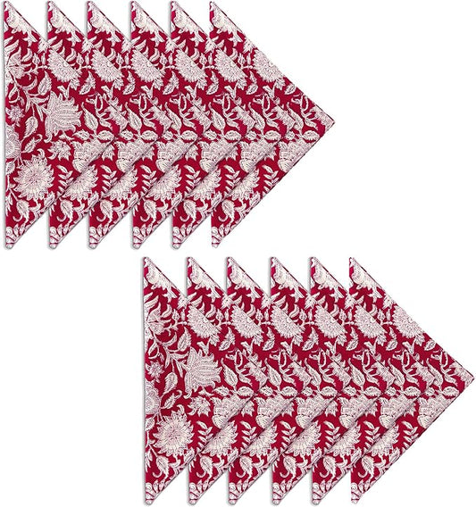 AVKA Studio Cotton Print Napkins 18x18 inches - Washable Cloth Dinner Napkins Set of 12 - Everyday Use or Dinner Party and Events - Red White Indian Block Printed Soft Fabric by AVKAStudio