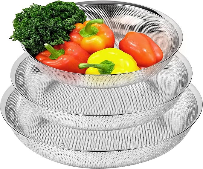 Premium 18/8 304 Stainless Steel Large Colander Set of 3, Comfortable Micro-Perforated Shallow Strainers, 5.5-7-10 Quart Tray Set, Self-Draining Solid Base for Pasta, Fruits, Vegetables by COMPORTK