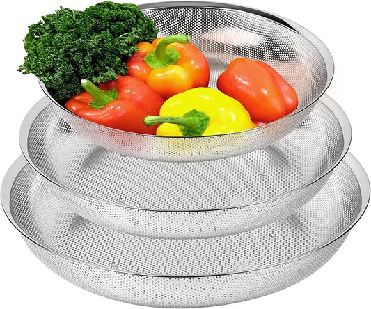 Premium 18/8 304 Stainless Steel Large Colander Set of 3, Comfortable Micro-Perforated Shallow Strainers, 5.5-7-10 Quart Tray Set, Self-Draining Solid Base for Pasta, Fruits, Vegetables by COMPORTK