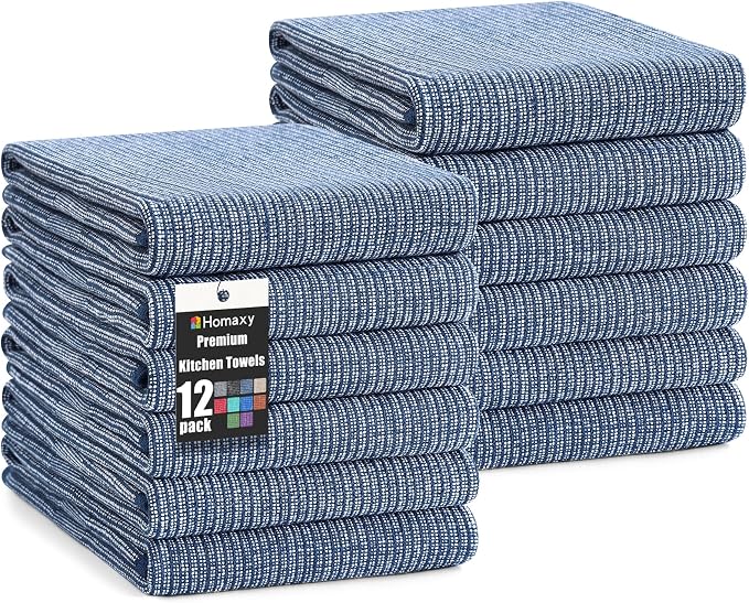 Homaxy 380 GSM Cotton Premium Kitchen Towels 12 Pack, 18"x 28", Navy Blue | Flat and Terry Dish Towels, Highly Absorbent Tea Towel Set with Hanging Loop, Soft Utility Kitchen Hand Towels by Homaxy