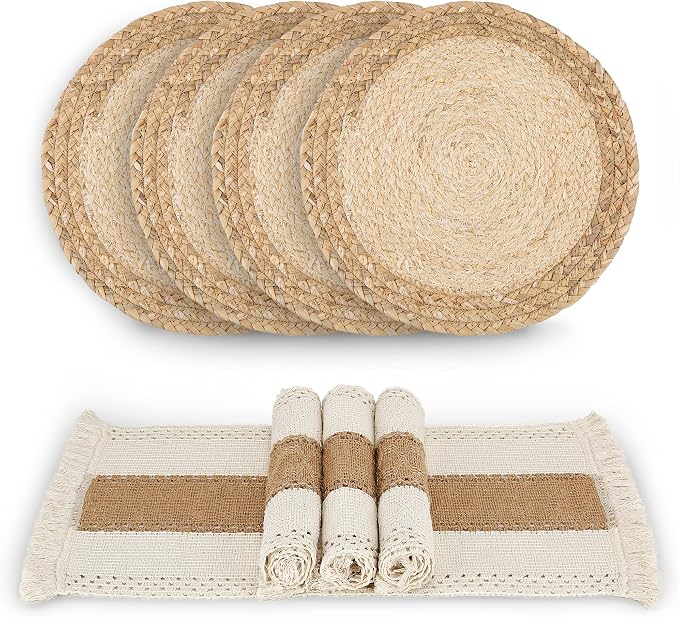 Handmade Boho Placemats Set of 4 - Natural Cotton Burlap and Water Straw Woven Combination Table Mats, Macrame Décor and Farmhouse Style Placemats, for Dining Table Kitchen by Zology