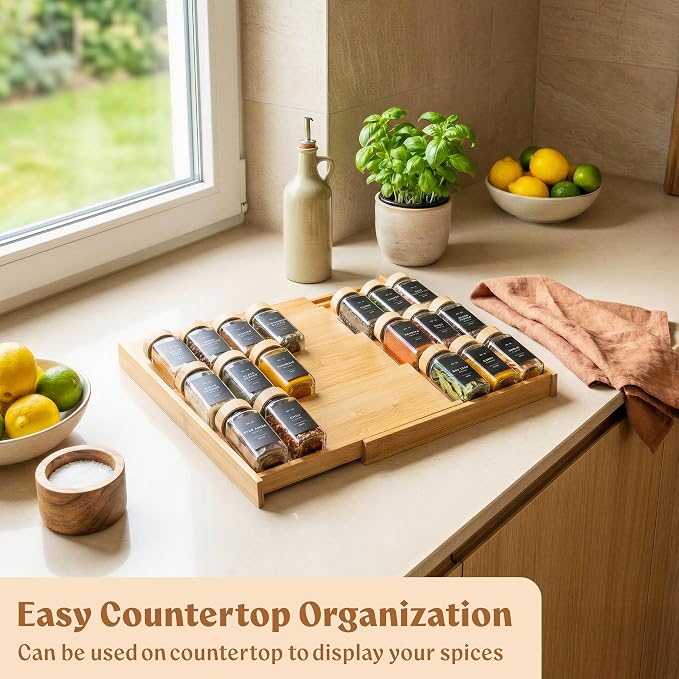 Bamboo Spice Drawer Organizer - Expandable 4 Tier Spice Rack (Need 3" Deep Drawer) 12" to 24" Wide, Seasoning Organizer, Organization Seasoning Rack insert (Jars Not Included) - Image 6