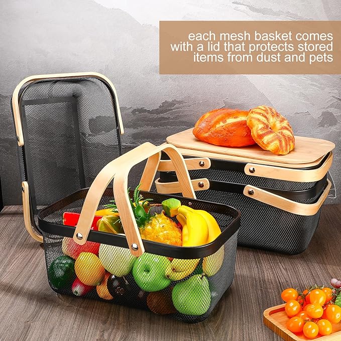 Jingmore 4 Pcs Metal Mesh Baskets with Lid, Stackable for Storage, Prevents Fruit Flies for Vegetable Fruit Kitchen Cabinet Picking Gathering Pantry Harvest Garden(16 Inch,Black) - Image 4