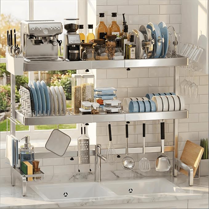 3 Tier Extra Large Over The Sink Dish Drying Rack, Expandable Stainless Steel Dish Drainer with Multifunctional Organizer, Space-Saving Above Sink Dish Rack with Large Capacity for Kitchen Counter by StartYourHomeStorageLife