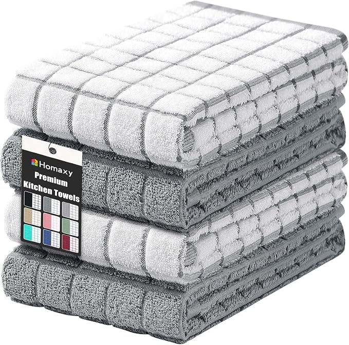 Homaxy Large Premium Cotton Kitchen Towels 16"x 28", 4 Pack, Grey | Natural Ring Spun 390 GSM Dish Towels, Super Absorbent Terry Kitchen Hand Towels, Soft Tea Towels with Hanging Loop by Homaxy