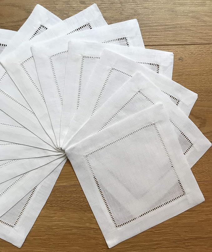 White Linen Cocktail Napkin 6"x6" Set of 50 Linen Cloth Napkin Coasters-Ladder Hemstitch 100% Linen Beverage Party Napkin Coaster Super Value Bulk 50 Pack - Image 4