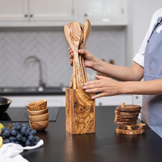 Olive Wood Large Utensil Holder - 6 x 4 Wooden Kitchenware Organizer - Rustic Utensil Holder - Handmade Spoons Holder for Countertop - Cooking Utensil Crock - Kitchen Tool & Accessories - Image 6