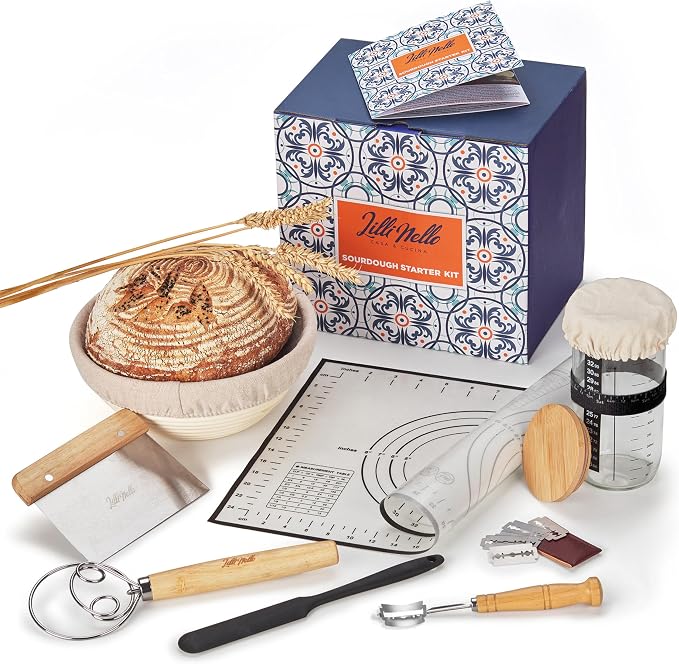 Sourdough Starter Kit all-in-one 18PCS, Premium Sourdough Bread Baking Supplies, Banneton Bread Proofing Basket Round 9in Hand-made, Sourdough Starter Jar 22OZ, Baking Gift Set, Italian Design by Unknown