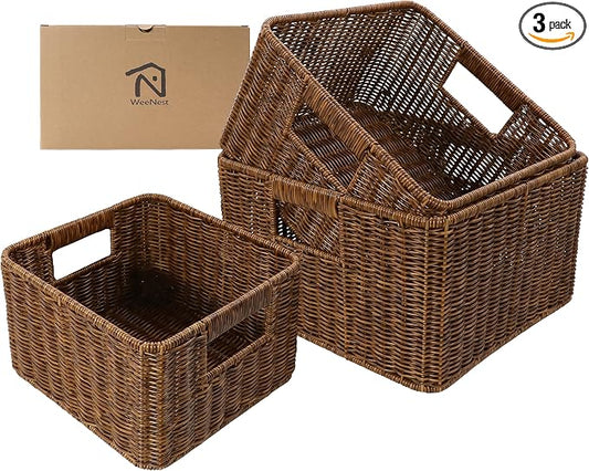 WeeNest Baskets with Handles, Wicker Storage, Shelf Boxes for Organizing, Decorative Resin, Set of 3, Toffee by WeeNest