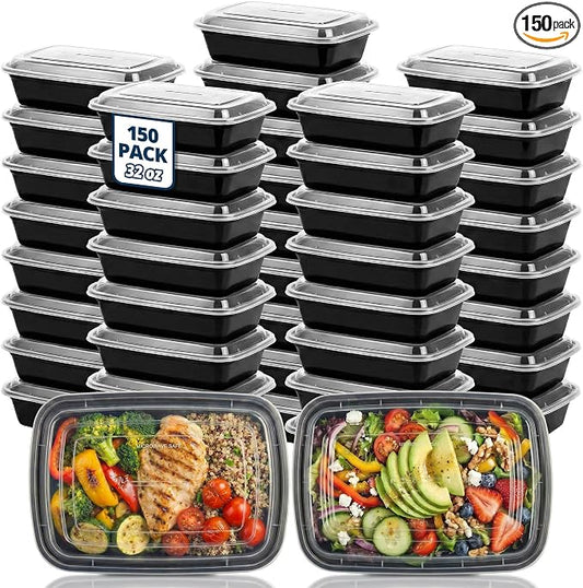 TIYA Food Containers - 32 oz Bulk 150 Pack with Lids - Rectangular Plastic To-Go Containers - Reusable, Microwavable, Dishwasher Safe - Leak-Proof for Meal Prep - BPA-Free by TTIYA