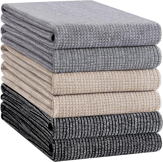 Homaxy 380 GSM Cotton Premium Kitchen Towels 6 Pack, 18"x 28", Mix | Flat and Terry Dish Towels, Highly Absorbent Tea Towel Set with Hanging Loop, Soft Kitchen Hand Towels, Grey/Khaki/Black - Image 8
