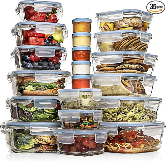 Razab 35 Pc Set Glass Food Storage Containers with Lids - Meal Prep Airtight Bento Boxes BPA-Free 100% Leak Proof (15 lids,15 glass & 5 Plastic Sauce/Dip Containers) by RazabHomeGoods