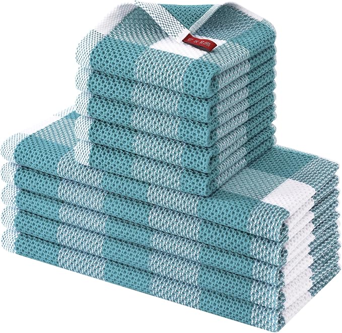 Homaxy Kitchen Towels and Dishcloths Set, Set of 10, White & Lake Blue | Bulk Cotton Waffle Weave Check Plaid Kitchen Towels, Super Soft and Absorbent Dish Cloths, 12 x 12 and 13 x 28 Inches by Homaxy