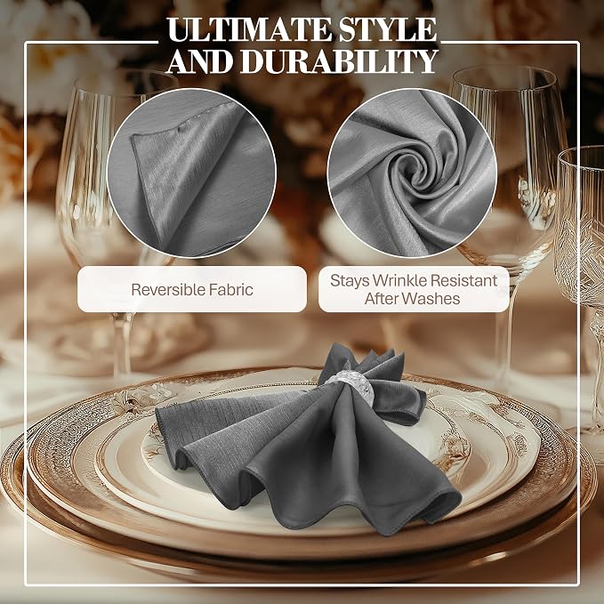 17x17-Inch Shantung Cloth Napkins, Charcoal, Set of 12 | Bulk Case of 1 Dozen, Satin, Square, 100% Polyester Fabric, Reversible, Faux Dupioni Silk Reverse Side, Machine Washable - Image 3