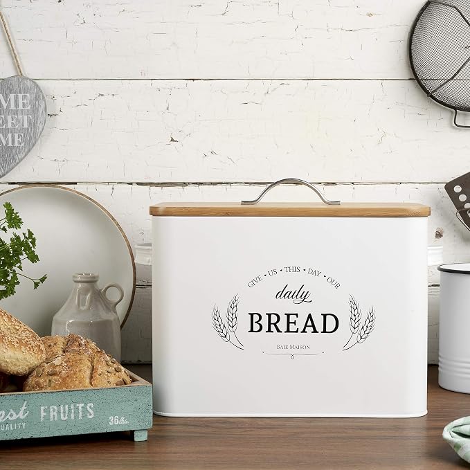 Baie Maison Extra Large White Farmhouse Bread Box for Kitchen Countertop - Breadbox Holder Fits 2+ Loaves - Bread Storage Container Bin - Rustic Bread Keeper Vintage Metal Kitchen Decor for Counter - Image 5