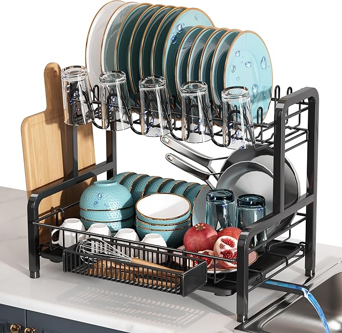 2 Tier Black Stainless Steel Dish Drying Rack for Kitchen Counter | Large Capacity Dish Drainer with Drainboard, Cup & Utensil Holder, Space Saving Rustproof Metal Plate Rack, Fast Drain by Boosiny