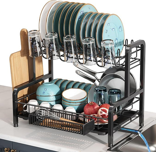 2 Tier Black Stainless Steel Dish Drying Rack for Kitchen Counter | Large Capacity Dish Drainer with Drainboard, Cup & Utensil Holder, Space Saving Rustproof Metal Plate Rack, Fast Drain by Boosiny