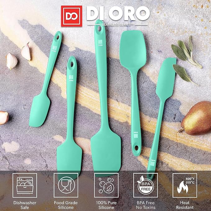 DI ORO Silicone Spatula Set - Rubber Kitchen Spatulas for Baking, Cooking, & Mixing - 600°F Heat-Resistant & BPA Free Silicone Scraper Spatulas for Nonstick Cookware - Dishwasher Safe (5pc, Mint) - Image 3