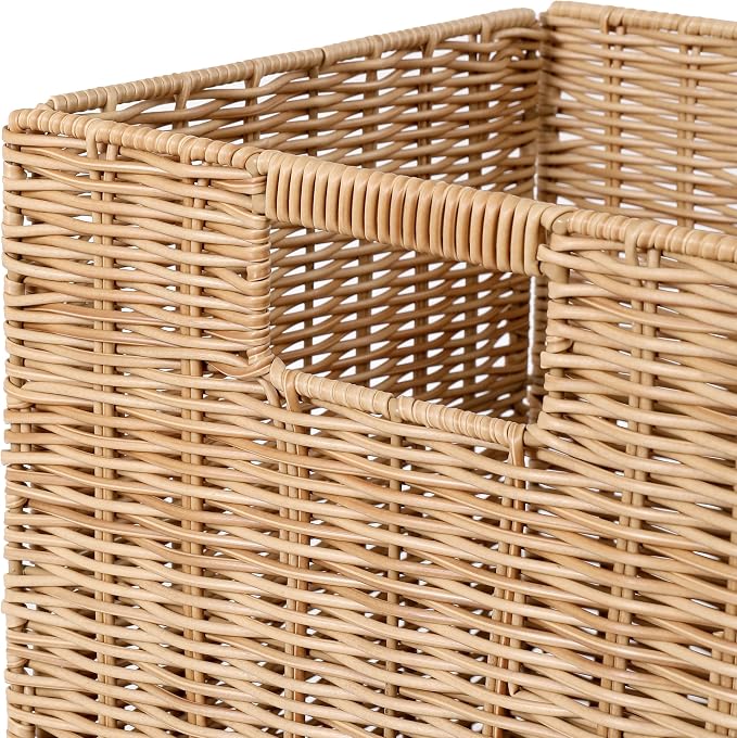 10.5 x 10.5 in Plastic Wicker Baskets for Cube Storage, Collapsible Square Wicker Storage Basket Set of 3, Rattan Storage Cube, Square Baskets for Shelves - Khaki - Image 3