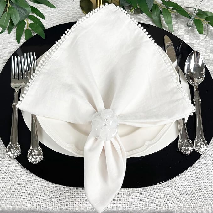 Cotton Napkins with Hand-Knotted Trim, Set of 4 – Lovely Reusable Large Cloth Napkins for Dining, Weddings, Summer, Birthday Gift, 22 x 22 Inch, White - Image 2