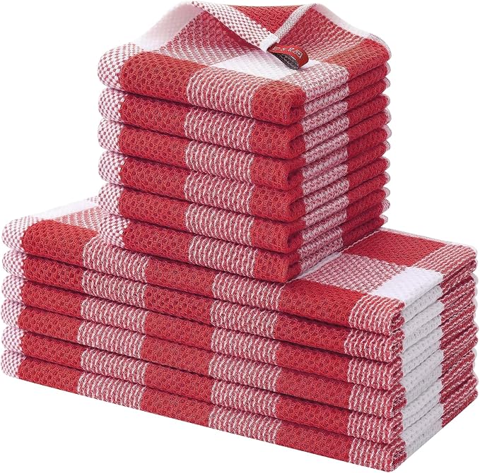 Homaxy Kitchen Towels and Dishcloths Set, Set of 12, White & Red | Bulk Cotton Waffle Weave Check Plaid Kitchen Towels, Super Soft and Absorbent Dish Cloths, 12 x 12 and 13 x 28 Inches by Homaxy
